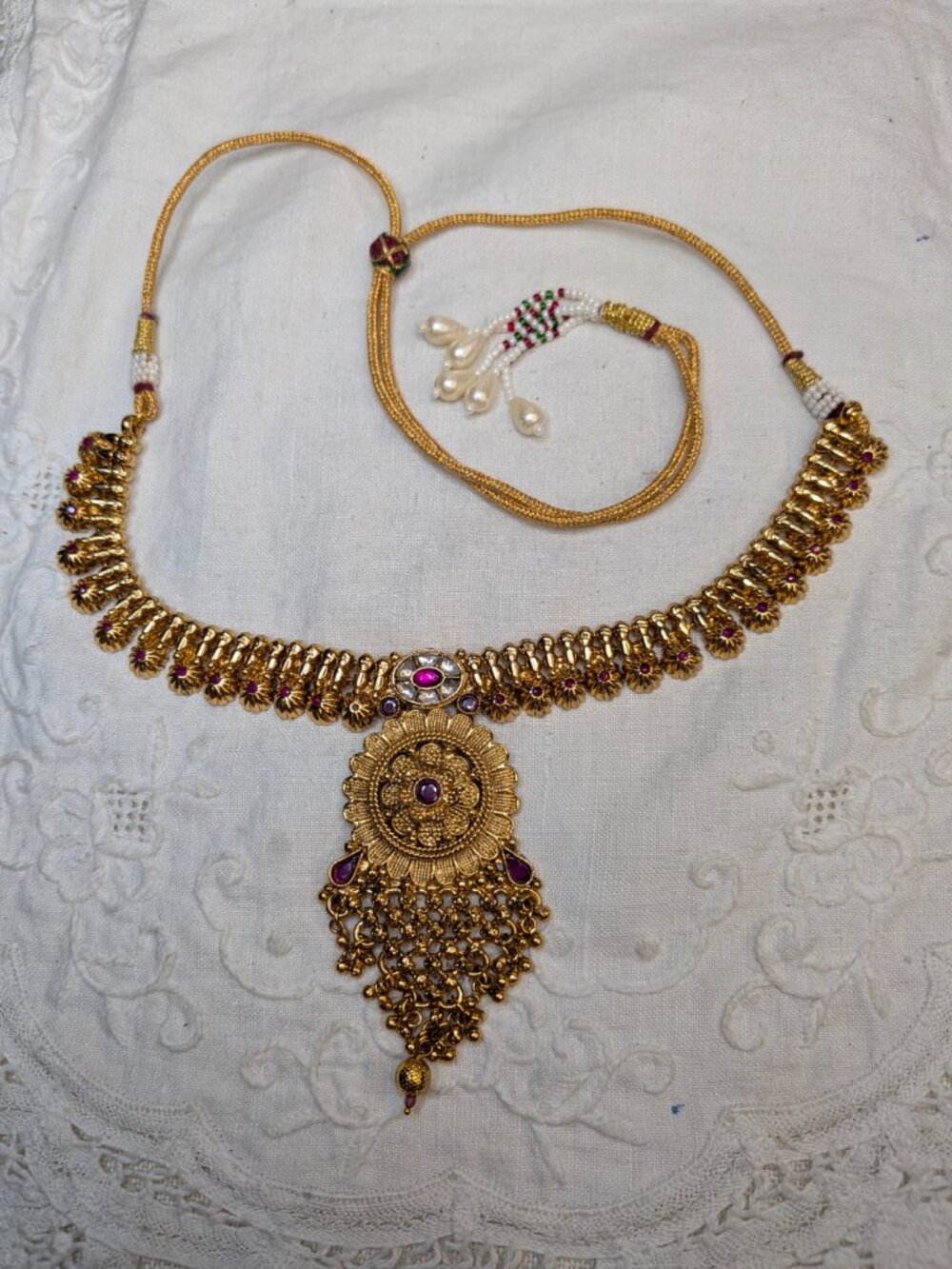 Vintage Ornate Gold Tone Necklace with Red Stones and Faux Pearls